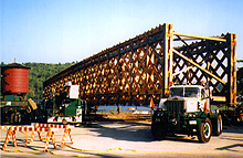 Transporting the trusses of the Wakefield bridge during reconstruction, 1996. (Photo - Neil Faulkner)