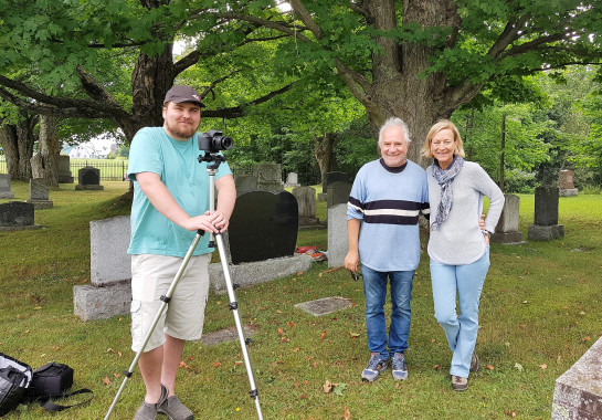 Cameraman Thomas Gasser (left) with local historian Anne Leydet and her husband Serge. Photo - Heather Darch.