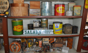 Items from Hodge's General Store, Stanbridge East, c.1930s-1940s. 
It is often assumed that our ancestors lived a very restricted life with few luxury goods. The Missisquoi ledgers confirm that customers bought apples, potatoes and turnips, rum, gun powder and tallow; but they could also buy velvet, expensive green tea and spices, port wine and brandy, a large variety of cloth including silk, scholarly books, window panes and even chocolate. (Missisquoi Historical Society Collections)