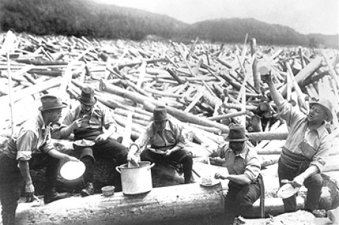 Loggers sitting for a meal, Chelsea, c.1900