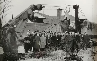Shaare Zedek congregation men's club at the beginning of excavation for the first synagogue, June 21, 1953. Photo: Archives of Congregation Shaare Zedek
