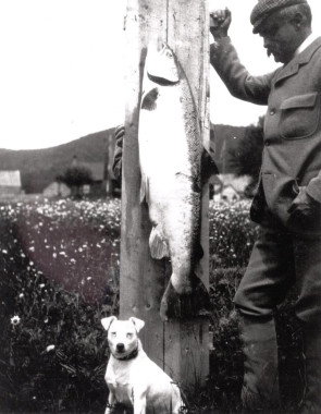 Davis avec sa prise, et Mixer le chien. (Photo - Collection du Musée de la rivière Cascapédia) 