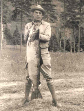 John L. Griggs of New York caught this 40-pounder in 1935 while fishing from Tracadie Camp. (Photo - Cascapedia River Museum Collection)
