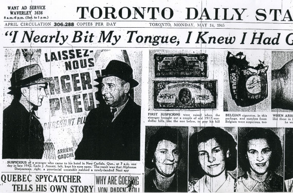 Titre : "Quebec Spy Catcher tells His own Story."
Extrait de la page couverture:  "I nearly Bit My Tongue, I knew I had a German Spy", Earle J. Annett. Toronto Daily Star, Lundi, le 14 mai 1945, deuxième édition, page couverture.

Earle Annett Jr. a 20 ans lorsque débuta la Deuxième Guerre mondiale. Il souffrait alors d'un handicap à la jambe, c'est pourquoi il ne pouvait pas aller se battre outre-mer. Cependant, comme les jeunes Néo-carlinois de son âge, il tenait à participer à l'eff