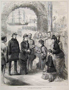 Présentation d'un bouquet à la princess Louise lors de son arrivée à Halifax, Nouvelle-Écosse, en 1878. London Illustrated News (1878). (Collection du Musée de la rivière Cascapédia)