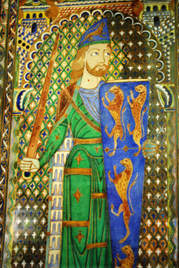 Geoffrey Plantagenet, Limoges enamel by Percy Nobbs, 1900.
As a student, Percy sketched this watercolour gouache drawing of the twelfth century duke of Normandy, Geoffrey Plantagenet, founder of the Plantagenet dynasty. The original enamel is located the Tessé museum in France. Percy's version was measured and drawn at Paris, September 1900 and now resides at Greenwood. The piece was part of an Owen Jones Studentship submission and shown at an exhibition as student work, probably at the South Kensington