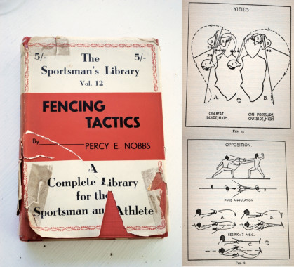 Fencing Tactics, par Percy Nobbs, 1936.
Publié en 1936, Fencing Tactics est la deuxième livre que Percy Nobbs a écrite pendant sa vie.  Selon ses mémoires, il a toujours eu un intérêt dans les sports de combat, autrement dit, la boxe anglaise, l'escrime, la baïonnette, et la lutte.  Il a gagné le championnat d'escrime canadien en 1900 après avoir été introduit au fleuret quelques mois avant.  Par conséquent, il est allé à Londres pour les Jeux olympiques de 1908 malgré le fait qu'il a 