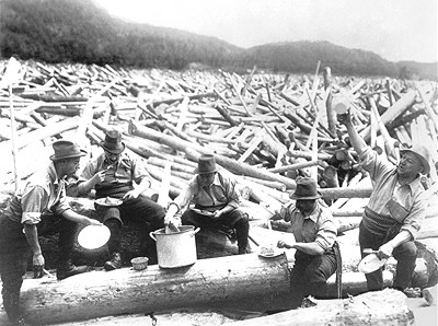 Loggers sitting for a meal, Chelsea, c.1900
