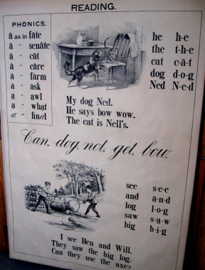 <strong>TEACHING BOARD.</strong>
This flip chart was a teaching aid used in a school in Low Forest in the 1880s. It includes a range of materials for teaching literacy (note the appropriate pictures and dress, and the homestead farming scene) and other more sophisticated subjects, like human anatomy.
(Compton County Museum Collection / Photo - Jackie Hyman)