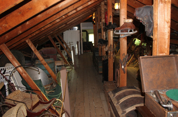 On the attic floor of the Martin Annex, which is accessible from both the Academy Building and the Annex, a display has been arranged of early spinning wheels, baby carriages, musical instruments, cast iron implements, and stagecoach articles – all within the unusual (and highly appropriate!) setting of a raftered attic. (Photo - Matthew Farfan)