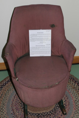 Another item is this "smuggler's chair." Originally the property of Oliver Bracey (1866-1942) and his wife Sarah Oben of South Bolton, this rocker was made from a Boston Crackers barrel, produced in Waterloo, and was used to conceal contraband tobacco (purchased across the U.S. border in North Troy, Vermont) from visiting customs inspectors. (Photo - Matthew Farfan)