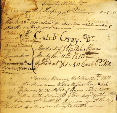 Account Book, William Stanton, Philipsburg, 1811-1813.
Occasionally, merchants used their ledgers as diaries, recording events in the community, or as personal agendas. William Stanton, for example, stopped his business transactions to record what must have been a frightening event in the lives of the citizens of Philipsburg. A notation in Stanton's book provides the following brief description of the War of 1812 in Missisquoi: "Sunday morning October 12th 1813. When the Americans came to Missisquoi Ba