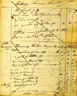 A page from the Luke Ledger, 1832.
For most young women in early Missisquoi County, the teen years marked the end of their formal education and an entrance into the working world. Many young women were hired as domestics for neighbouring families, performing such chores as laundry, sewing, cooking, cleaning and child care. Not unlike the youth of today, some young women chose to spend their earnings on the latest fashions. Betsey Rhinehart and Hannah Kreller, for example, both worked as domestics for Phili
