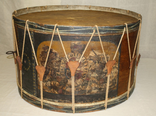 Van Vliet Bass Drum.
Hand-painted by H. Miller, c.1837, "Dieu et mon Droit/ Honi soit qui mal y pense." 
This drum was carried in the Battle of Odelltown by Traver Van Vliet (1800-1890), an ensign in the "Odelltown Loyal Volunteers," on November 9 & 10, 1838.
(Restored by the Centre de conservation du Québec). (Missisquoi Historical Society Collections)