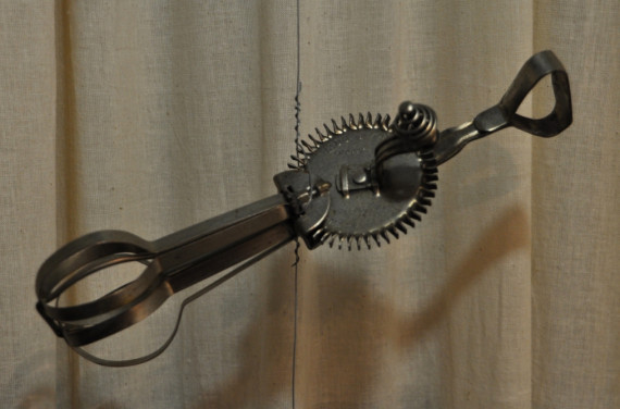 Egg beater, c.1880.
Labour-saving tools were welcomed by the 19th century woman, especially if they could be used for tasks that might otherwise take hours to perform. Some of these devices were designed for very specific food preparation chores that have long since disappeared from the kitchen.
(Missisquoi Historical Society Collections)