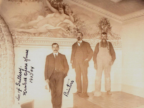 Unidentified painters in the balcony of the Haskell Opera House, 1903-1904. (Photo - Haskell Archives)