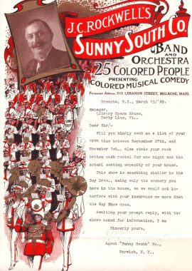 J. C. Rockwell's Sunny South Company, with their 'Band and Orchestra of 25 Colored People presenting Colored Musical Comedy,' appeared at the Haskell in 1918. (Haskell Archives)