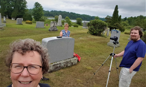 Heather Darch, Kathy Curtis and Thomas Gasser at Crystal Lake Cemetery, Stanstead. Photo - H. Darch