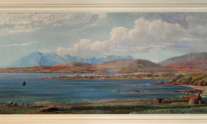 Memories of Scotland by Percy Nobbs, 1938.
Percy Erskine Nobbs was born in 1875 in Haddington, Scotland. Although he spent much of his childhood in Russia, where his father was a banker, he returned to Scotland to pursue his studies before establishing himself in Canada. This mural was painted by Nobbs in the late 1930s and depicts his birthplace. The pink and blue tones of the painting mirror the wooden details of the ceiling of the summer sitting room where it stands above the fireplace. According to Nob