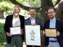 2018 Award Winners (L to R): Don Stewart (Phelps Award); Simon Jacobs (Outgoing president); Morrin Centre, represnted by Barry McCullough (Evans Award)