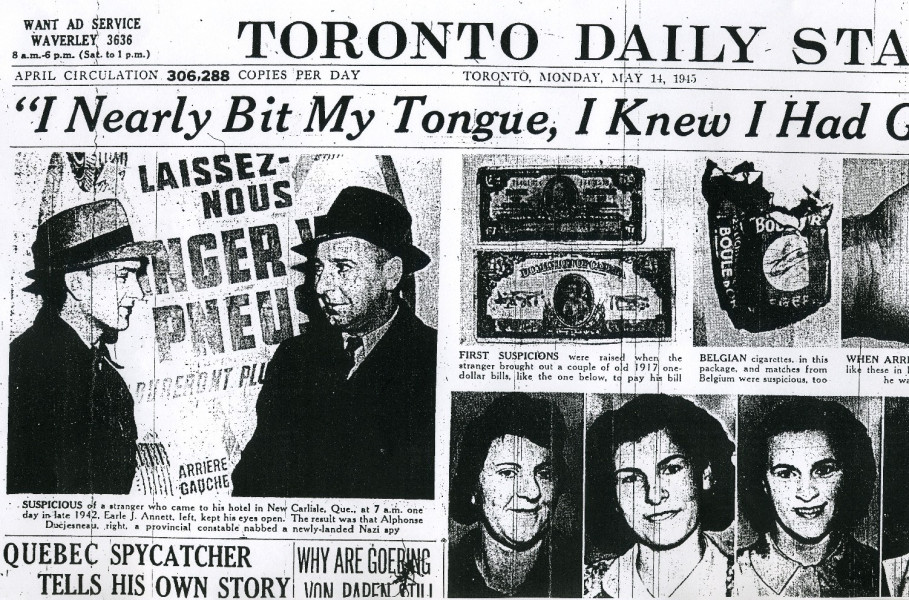 Title: "Quebec Spy Catcher tells His own Story."
Front Page Caption: "I nearly Bit My Tongue, I knew I had a German Spy," by Earle J. Annett.
Toronto Daily Star, Monday, May 14, 1945. Second edition. front page. 

Earle Annett Jr. Was twenty years old when the Second World War began. He suffered from a handicap of the knee: he could not go to battle overseas. Nevertheless, he was keen on participating in the war effort. He did this by responding to the call from the Canadian authorities, which consi