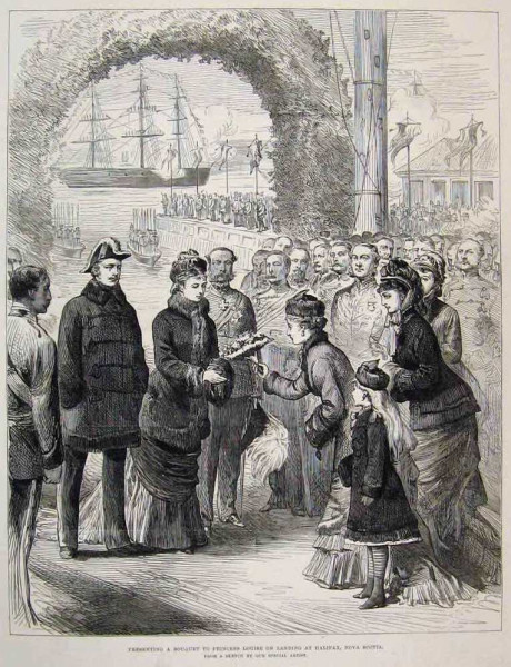 Presenting a bouquet to Princess Louise upon their arrival in Halifax, Nova Scotia, in 1878. From the London Illustrated News (1878). (Cascapedia River Museum Collection)
