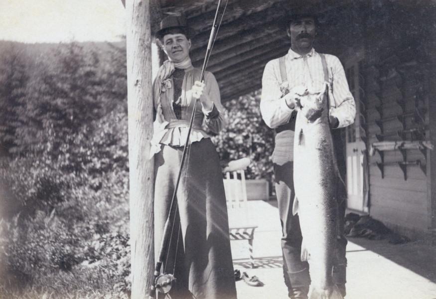 Princess Louise with a guide on her verandah. (Cascapedia River Museum Collection)