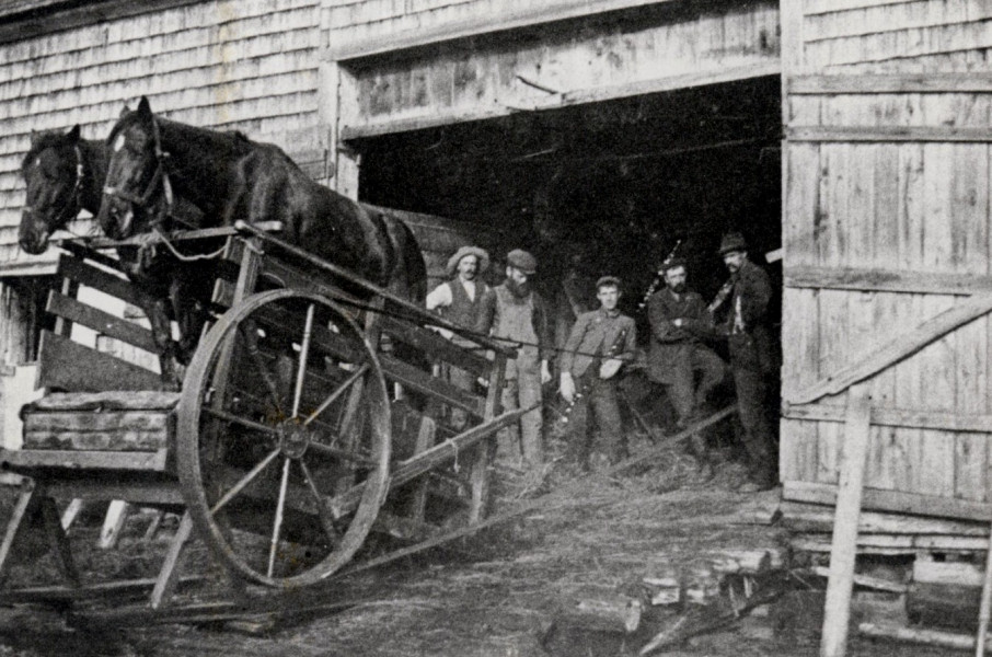 Threshing, seen here c.1900, was an important part of farm life and meant long days and hard work. Usually the neighbours got together and helped each other out. (Photo - Cascapedia River Museum)