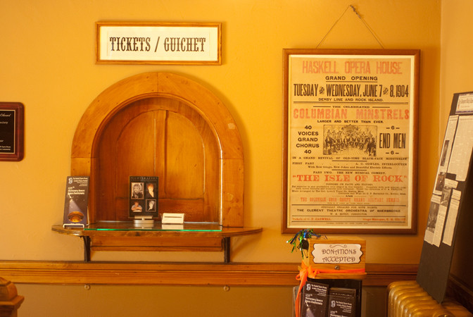 The ticket booth on the mezzanine floor. (Photo - Haskell Free Library)