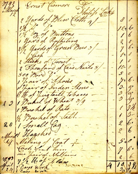 A page from the Luke Ledger, 1792. 
The vast array of goods available at the Philip Luke store can be seen in the account of Ernest Cismore. In 1792, Cismore purchased goods ranging from cloth, buttons and mittens to nails, salt and tobacco. He was even able to buy a pair of "Inden shoes" or moccasins. Ernest Cismore paid for his goods with his labour. (Missisquoi Historical Society Collections)