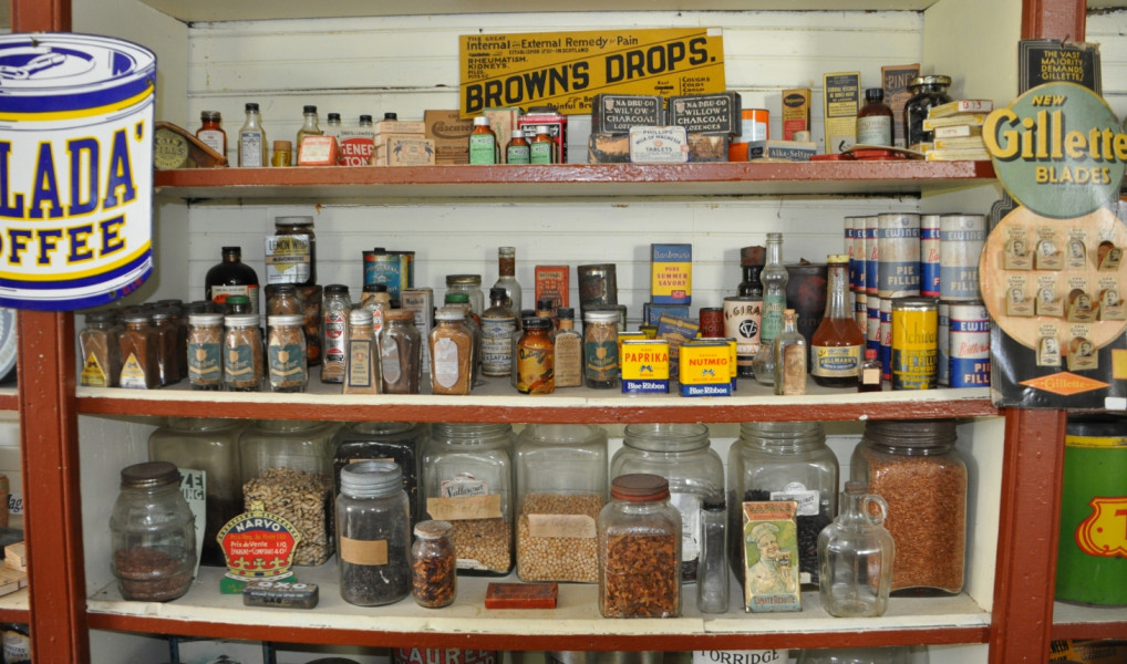 Condiments from Hodge's Store, c.1930s-1940s.
In Hodge's Store, built in 1841 and located in Stanbridge East, the shelves have bowed under the weight of the wide variety of products that have been displayed on them for over 160 years. (Missisquoi Historical Society Collections)