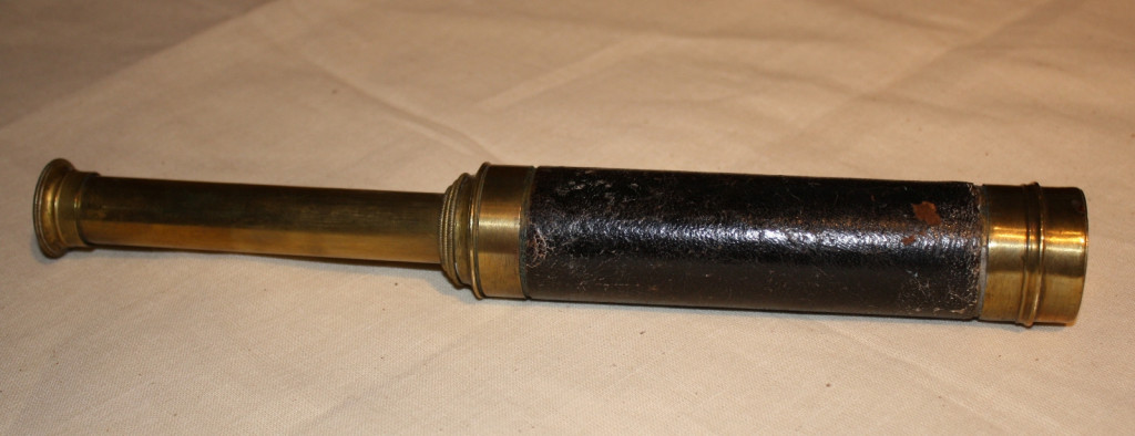 Telescope c.1790. 
This small brass and leather telescope may have been used to search the shore line of Missisquoi Bay by early Loyalist settlers arriving in the region by boat from Lake Champlain. (Missisquoi Historical Society Collections)