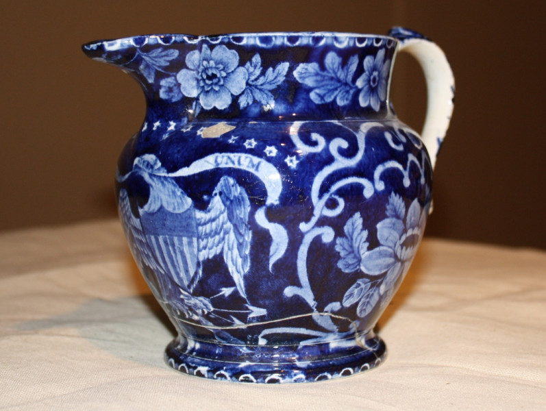 Blue and white ware pitcher with American eagle transfer, c.1780.
Belonged to United Empire Loyalist Lovisa Gates Stanton (1769-1865) who came to Missisquoi County in 1807 as a part of the "late Loyalist" wave of immigration into the region. (Missisquoi Historical Society Collections)

Late Loyalists came to Lower Canada after legislation made land available on advantageous terms. These settlers were attracted to inexpensive and accessible land and were required to take "oaths of allegiance." (Miss