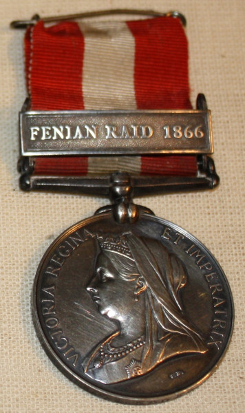 In 1898, a Fenian Raid Medal was presented by the Canadian government to each defender in the Fenian Raids as an expression of gratitude for their bravery and duty. This medal was presented to Private H. H. Hastings, Philipsburg I. Co. 1866. (Missisquoi Historical Society Collections)