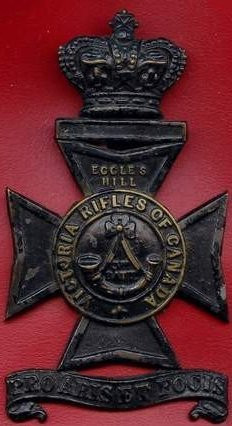 Cap Badge of the Victoria Volunteer Rifles of Canada, Eccles Hill, 1870. The Victoria Rifles of Canada helped to repel the Fenian advance at Eccles Hill long after the Missisquoi Home Guard ("the Red Sashes") secured the battle sight. (Missisquoi Historical Society Collections)