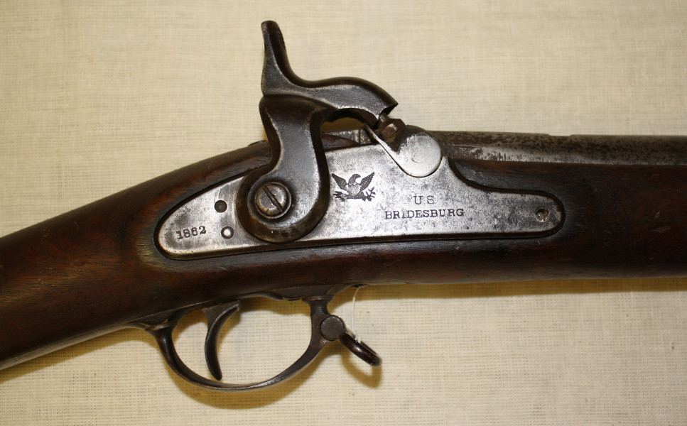 Detail of a Bridesburg muzzle loader, 1862. Bridesburg muzzle loaders were standard issue rifles during the American Civil War and were used by the Fenians in their raid of 1866. (Missisquoi Historical Society Collections)