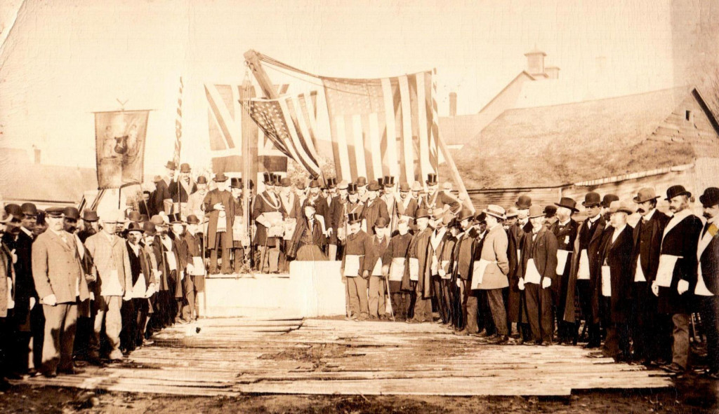 The laying of the cornerstone of the Haskell took place in 1901. The ceremony was presided over by Masons from both Canada and the United States, including Col. Haskell himself. Martha Haskell may be seen in this photograph, seated at the centre. Col. Haskell (wearing a bowler hat) is standing directly behind her. (Photo - Haskell Archives)